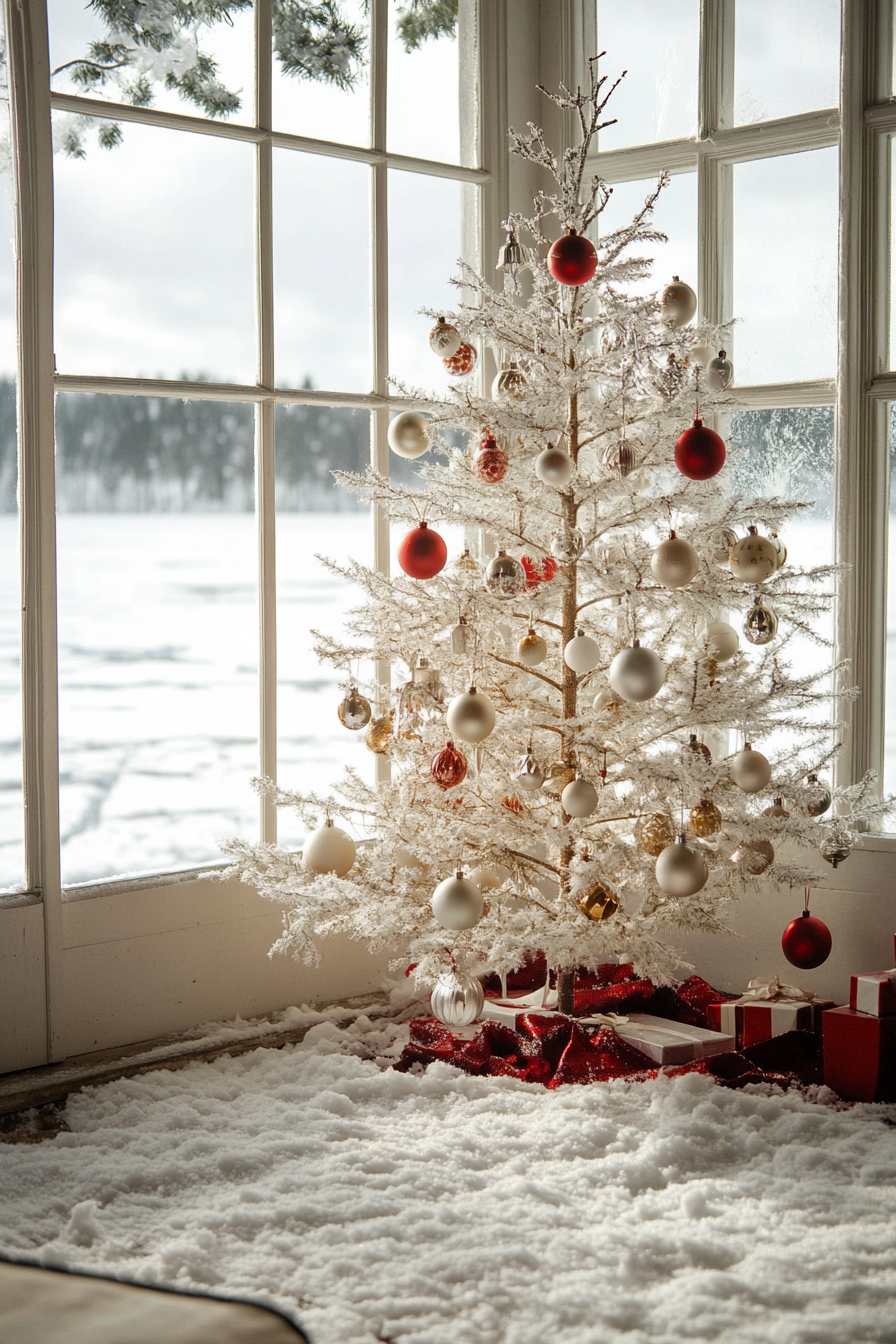 Wide-angle holiday interior. Retro-style aluminum tree with classic ornaments near frozen lake.