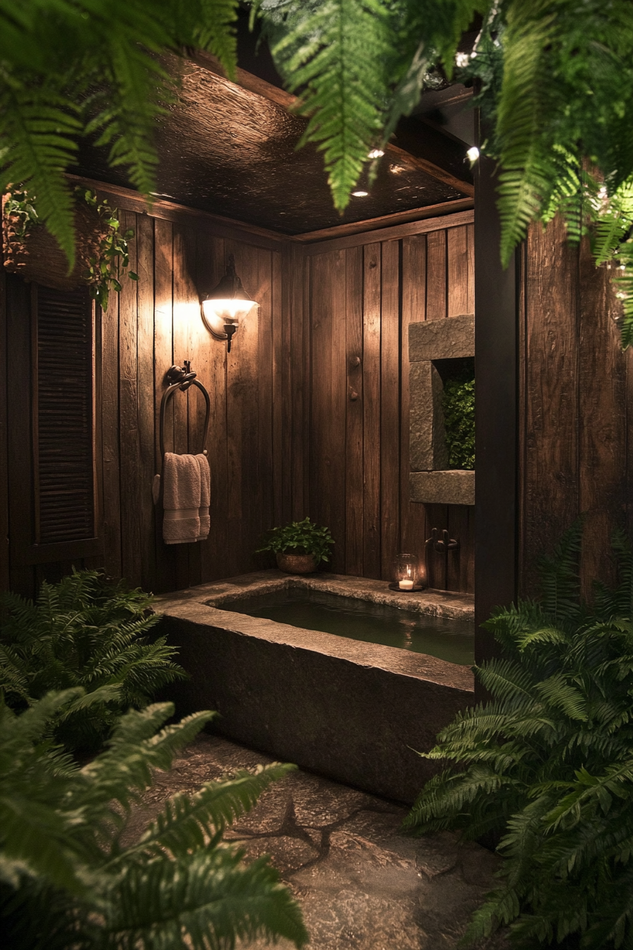 Tiny bathhouse. Stone soaking tub surrounded by lush fern foliage.