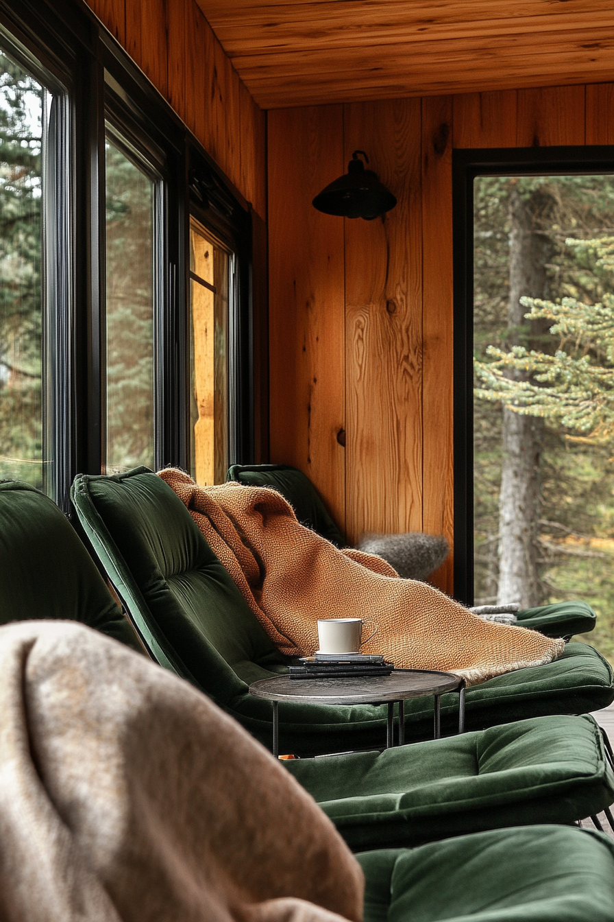 Van lounge. Pine paneling, forest green velvet seater, wool throw, rustic aluminum camp chairs.