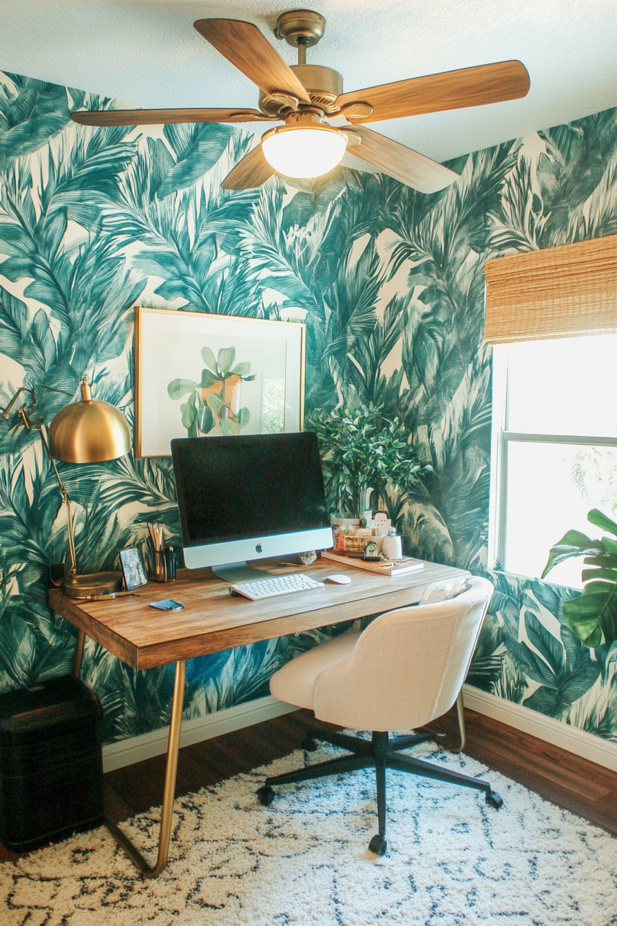 Tropical-Modern Tiny Office featuring teal leaf wallpaper and vintage ceiling fan.