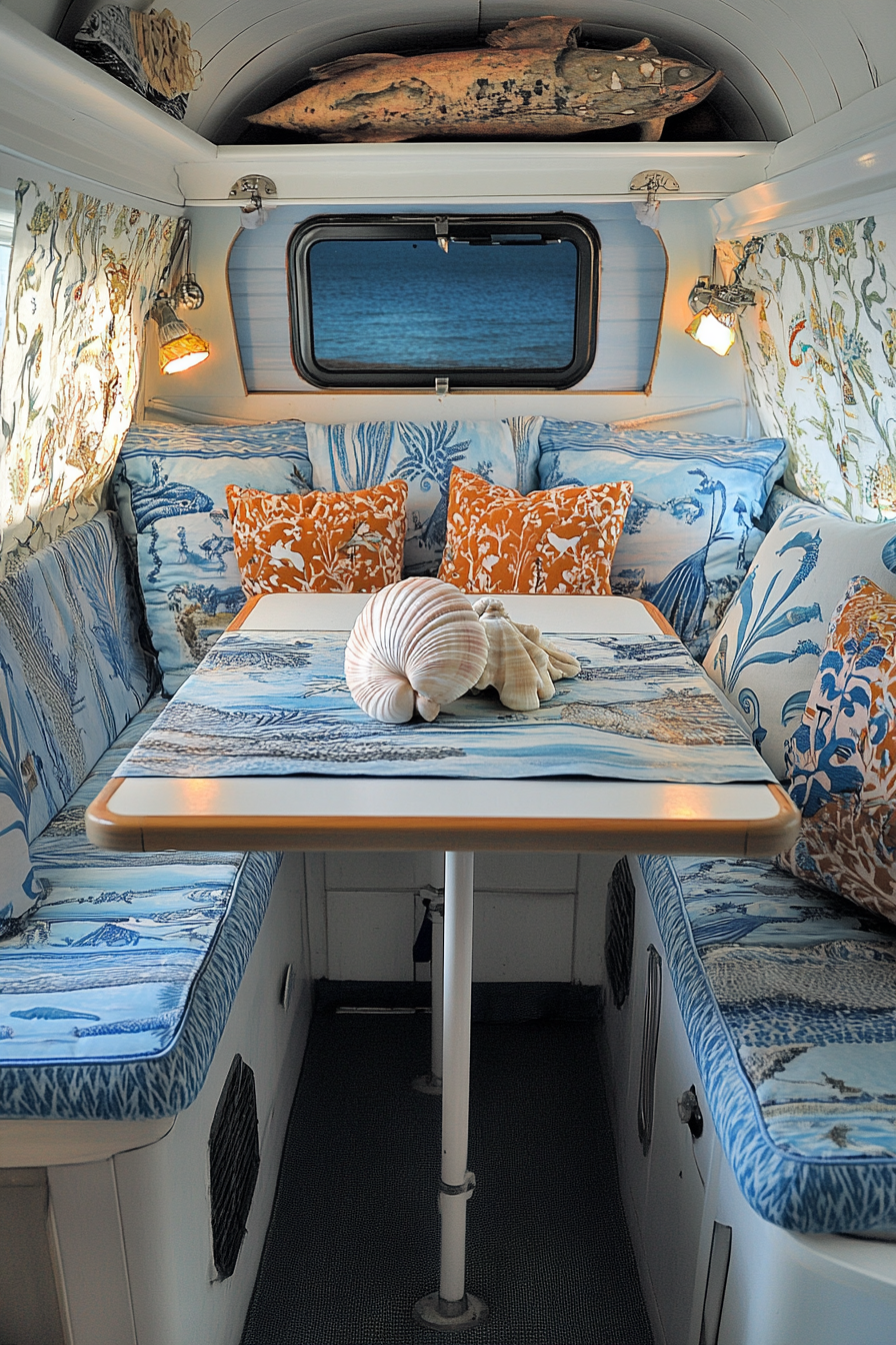 Van dining area. Fold-out table with seashell centerpiece, ocean-patterned cushions on seats.