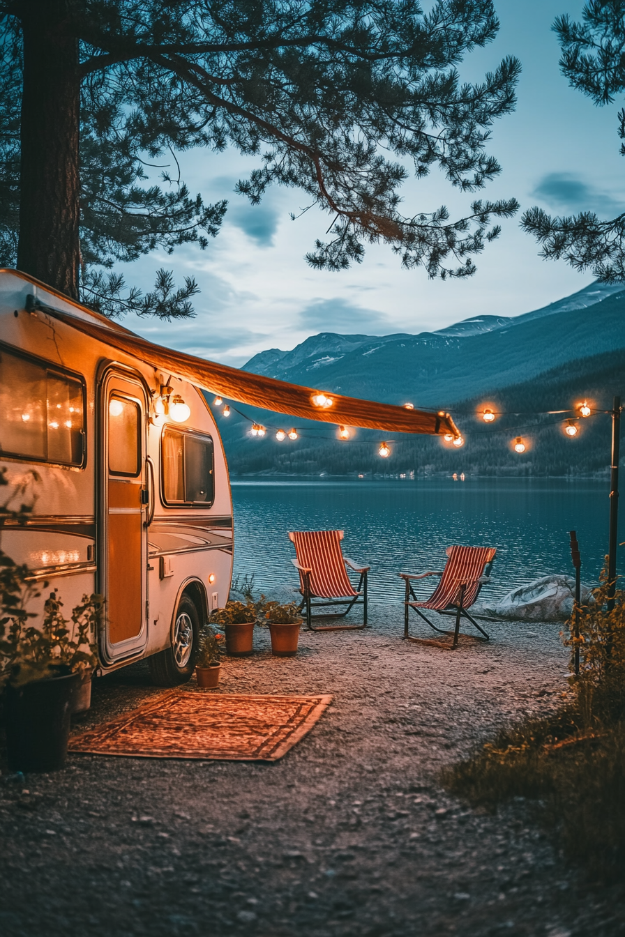 Wide angle view: retro RV entrance featuring metal gliders, string lights, parked near crystal-clear mountain lake.