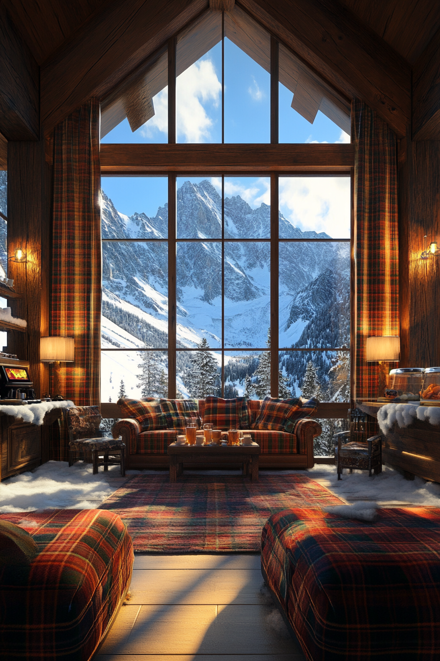 Wide angle ski lodge interior. Tartan wool blankets, hot cocoa station, window view of snow-capped peaks.