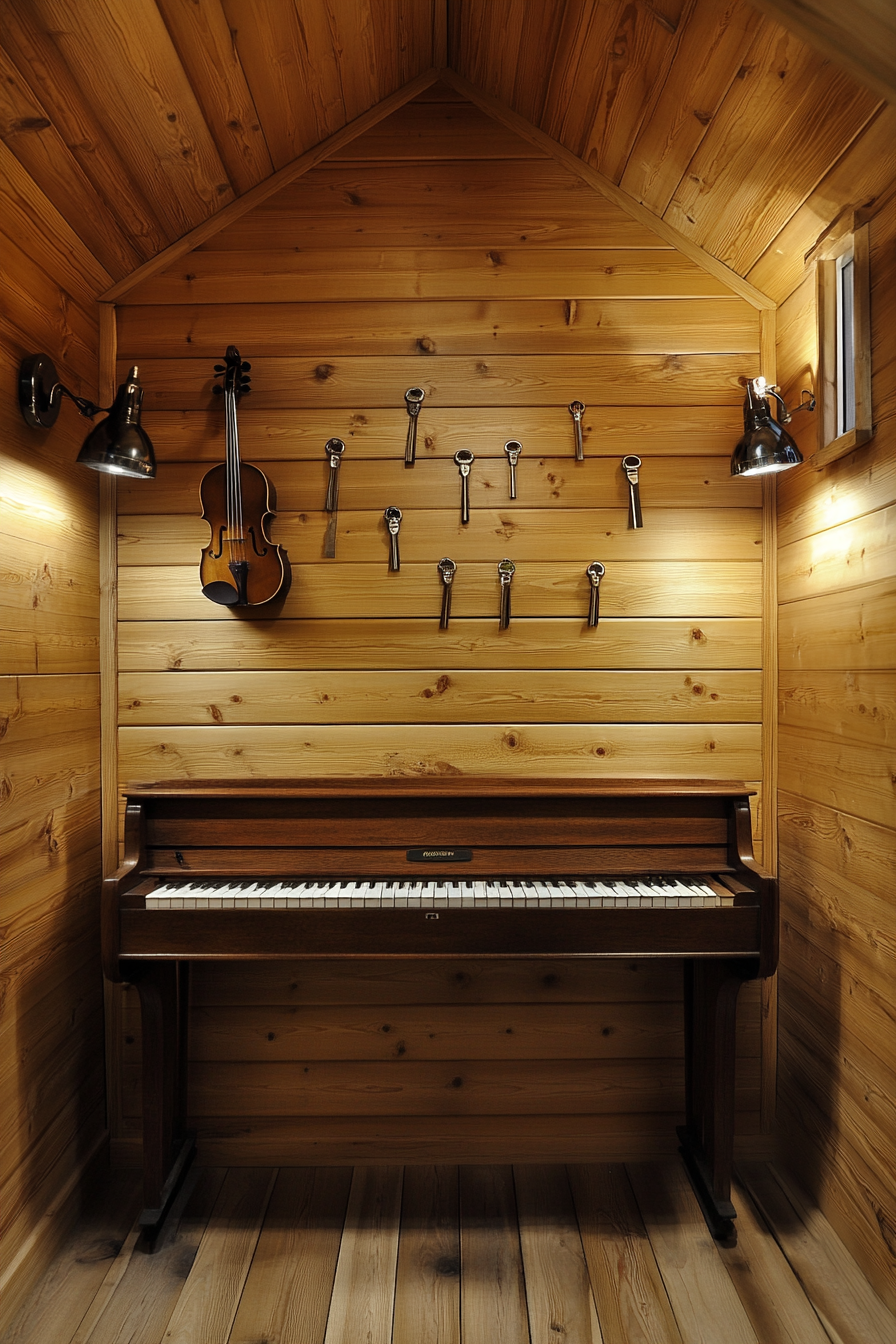 Woodland-style tiny music room. Cedar panelled walls with soundproof material and mounted keys.