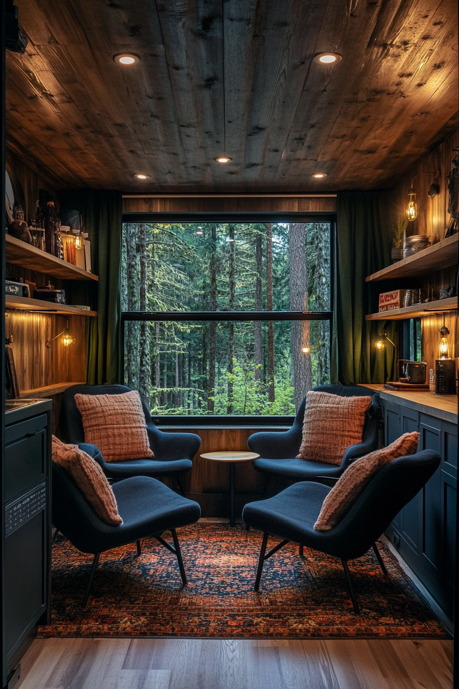 Van lounge, woodland-style. Dark pine paneling, camp chairs facing a large window with forest view.