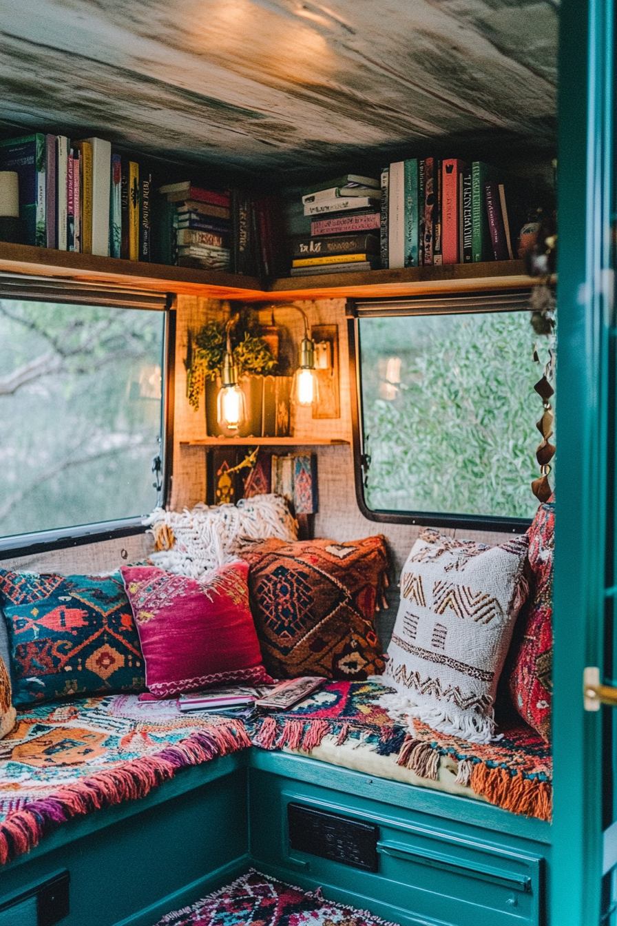 Desert-Boho reading corner. Teal camper, Aztec-patterned cushions, brass book lights.