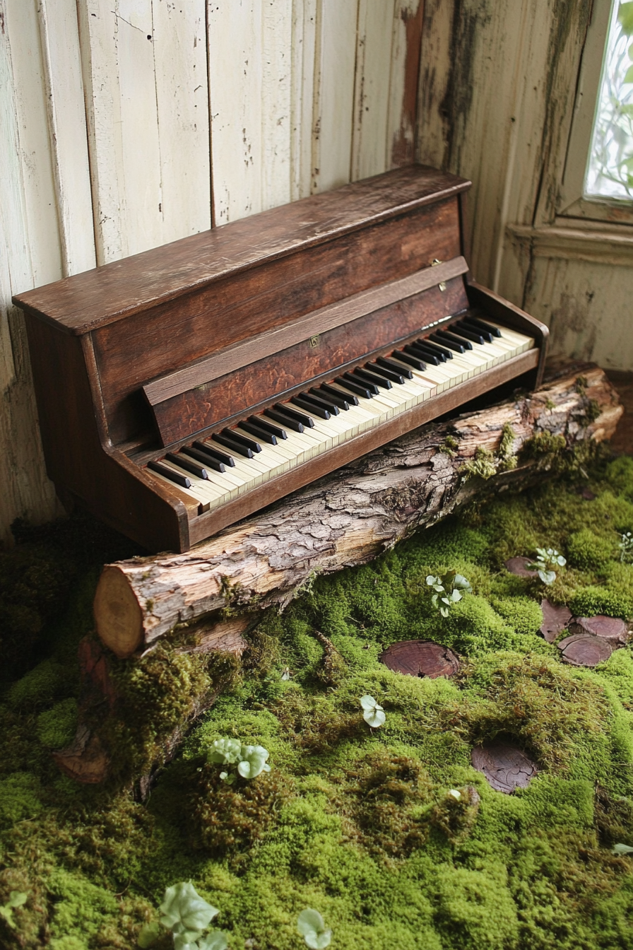 Woodland-style tiny music room. Fallen log bench, piano keyboard on moss carpet.