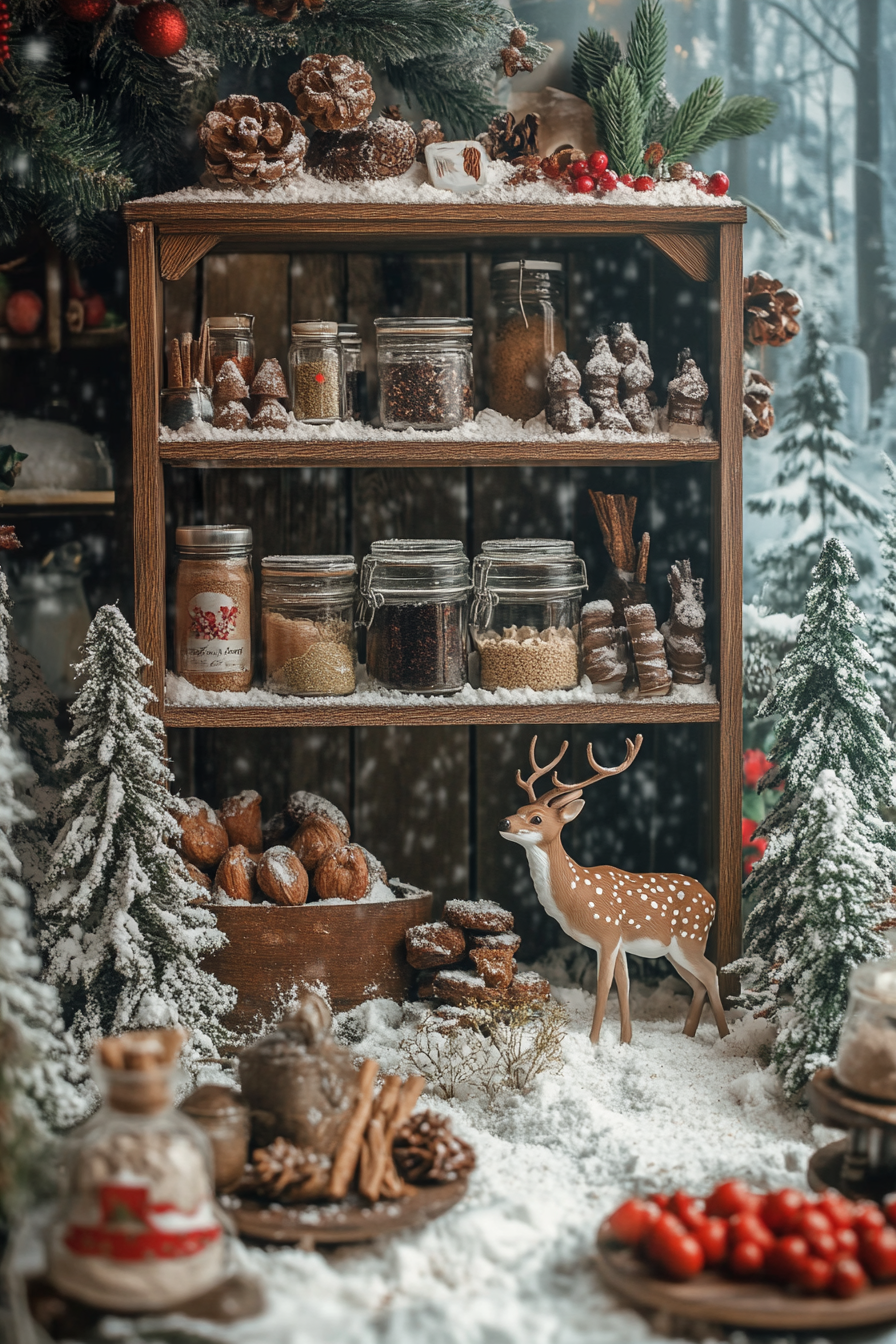 Holiday baking haven. Cookie dough, spices arranged on wooden shelves, snow-covered meadow with grazing deer.