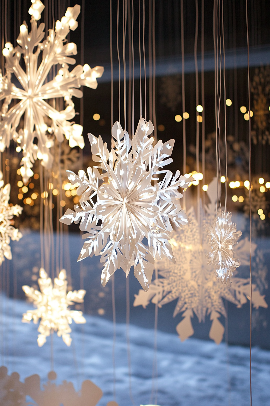 Modern Christmas decor. White strung LEDs draping from large paper snowflakes, overlooking frost-kissed terrains.