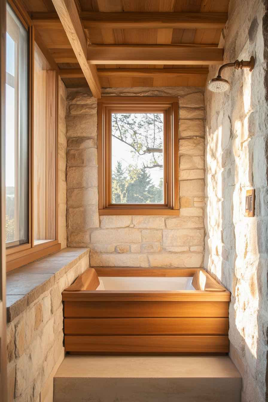 Natural tiny house bathroom. Wooden soaking tub, stone wall accent, and morning sunlight.