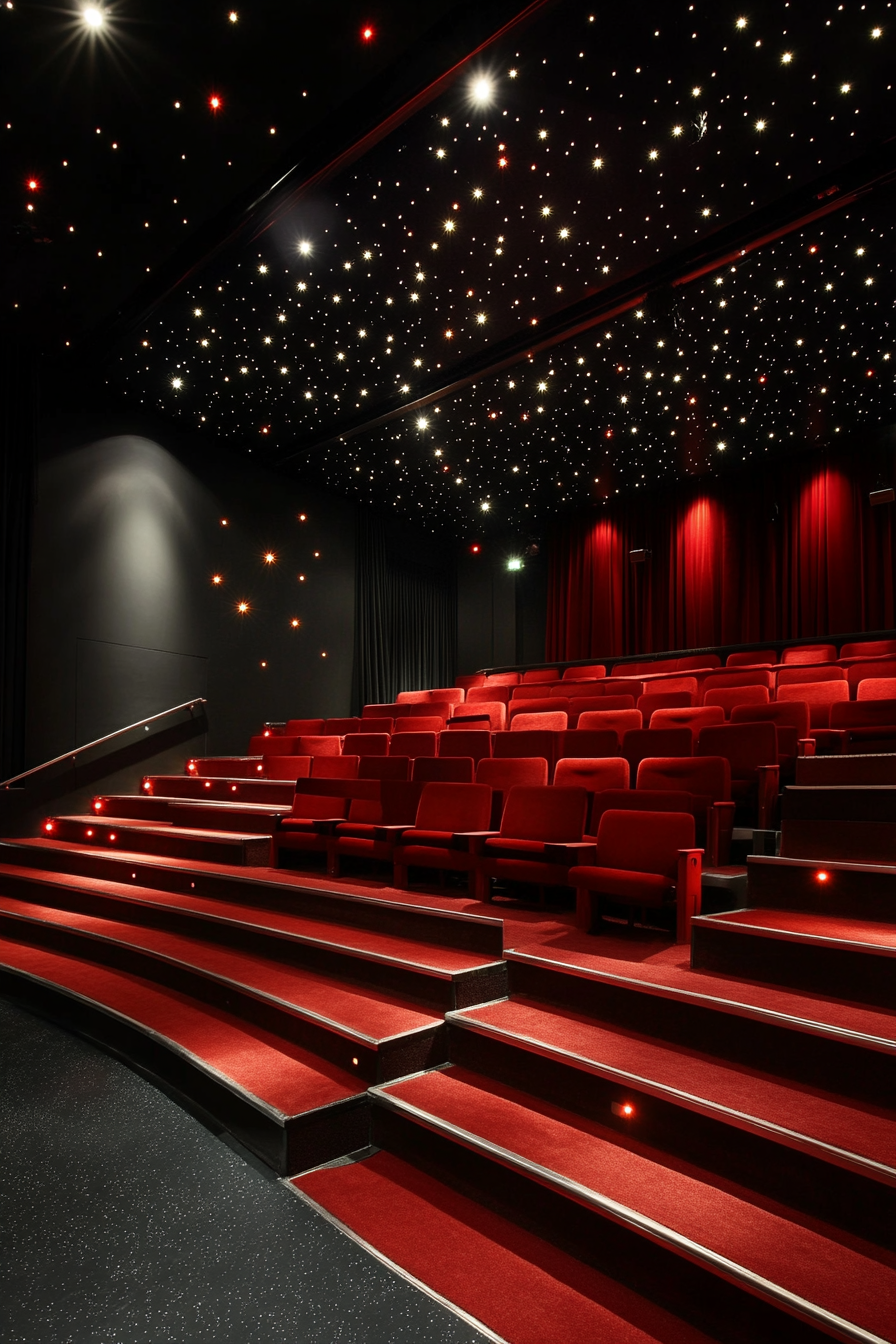 Contemporary Tiny Theater. Dark red velvet benches and overhead starlight effect.