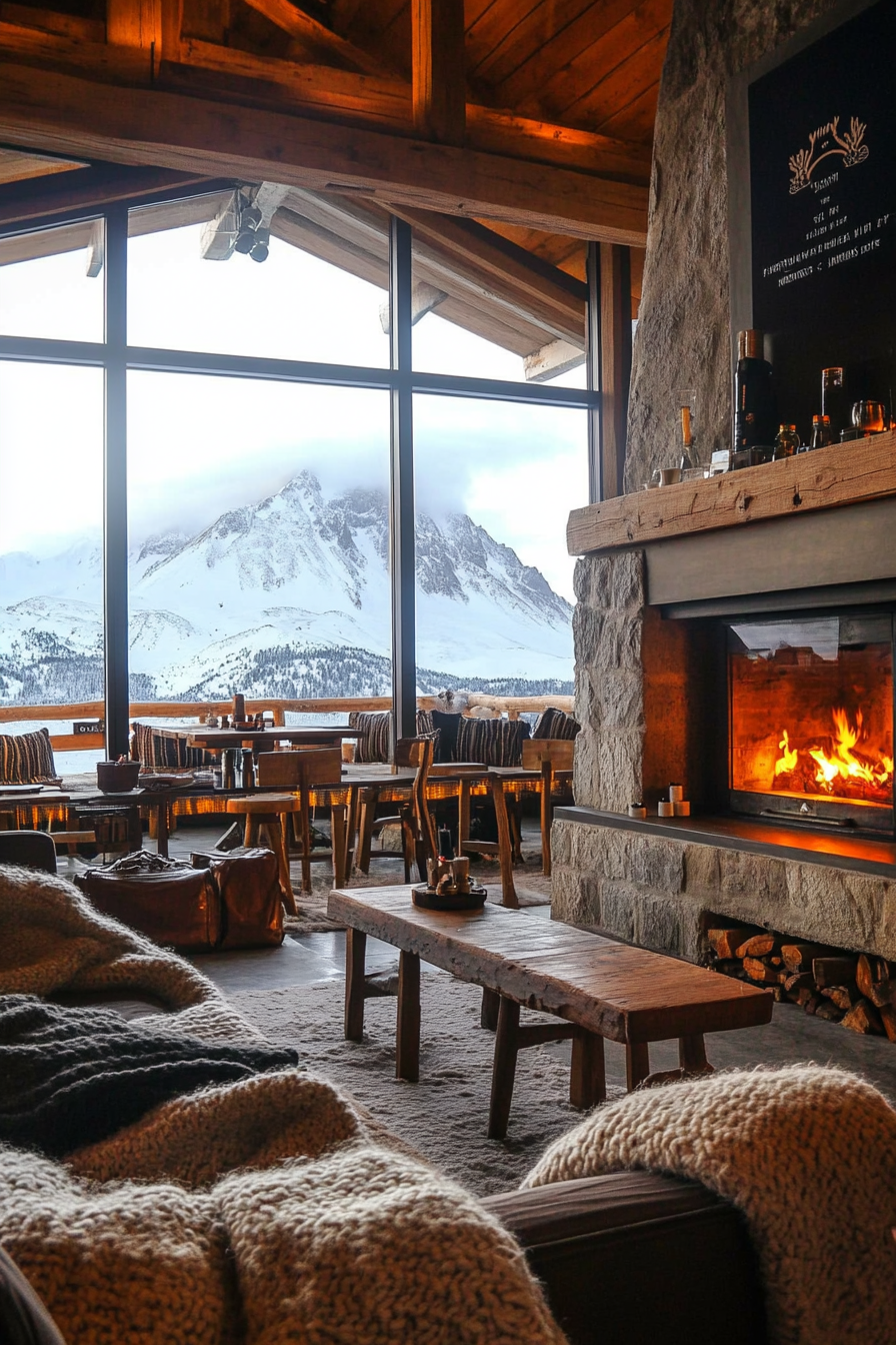 Ski lodge interior. vintage timber furniture, wool blankets, cocoa station, panoramic snowy peak view.