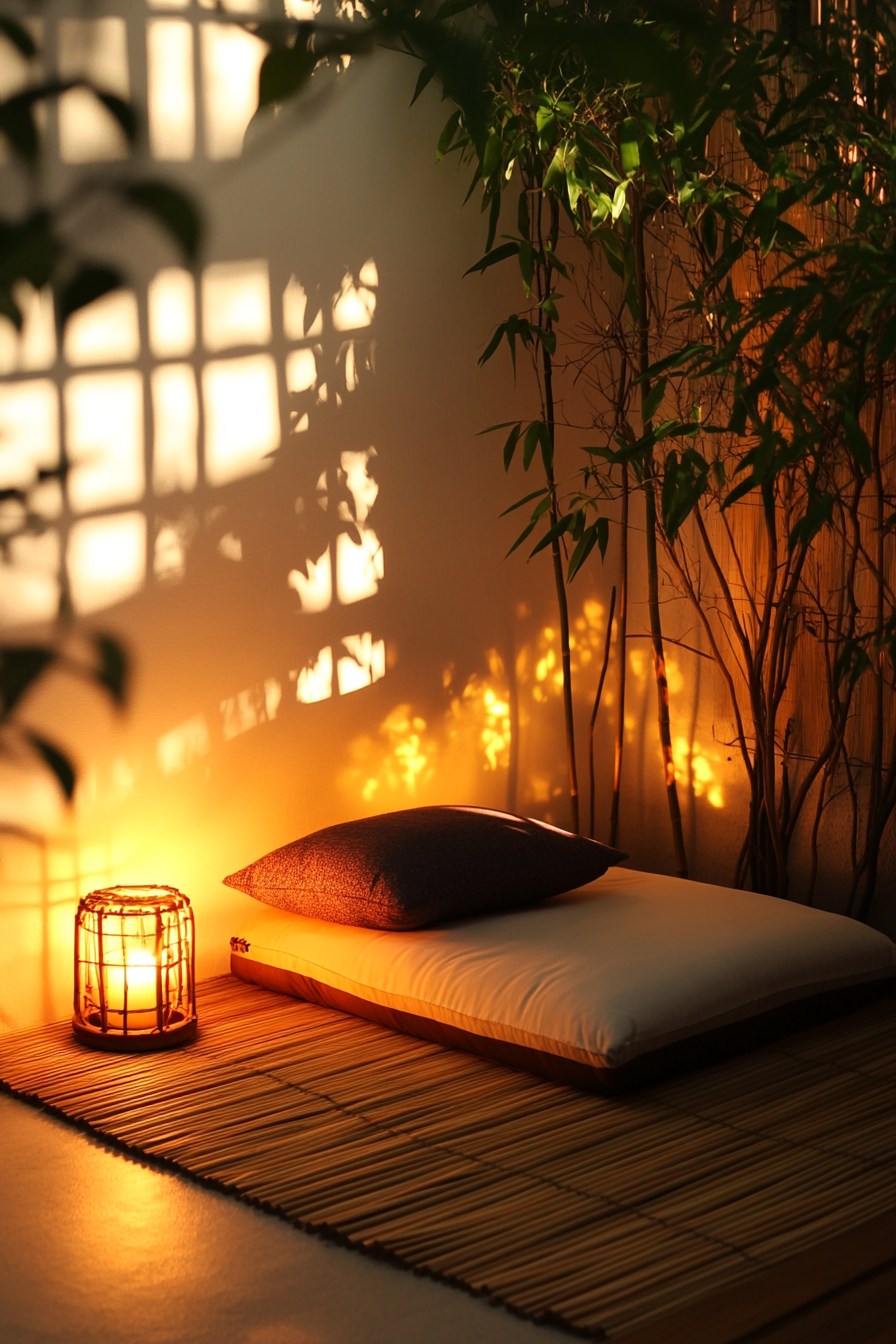 Zen-Style Van Meditation Room. Candle-lit corner with a cushion on a bamboo mat.