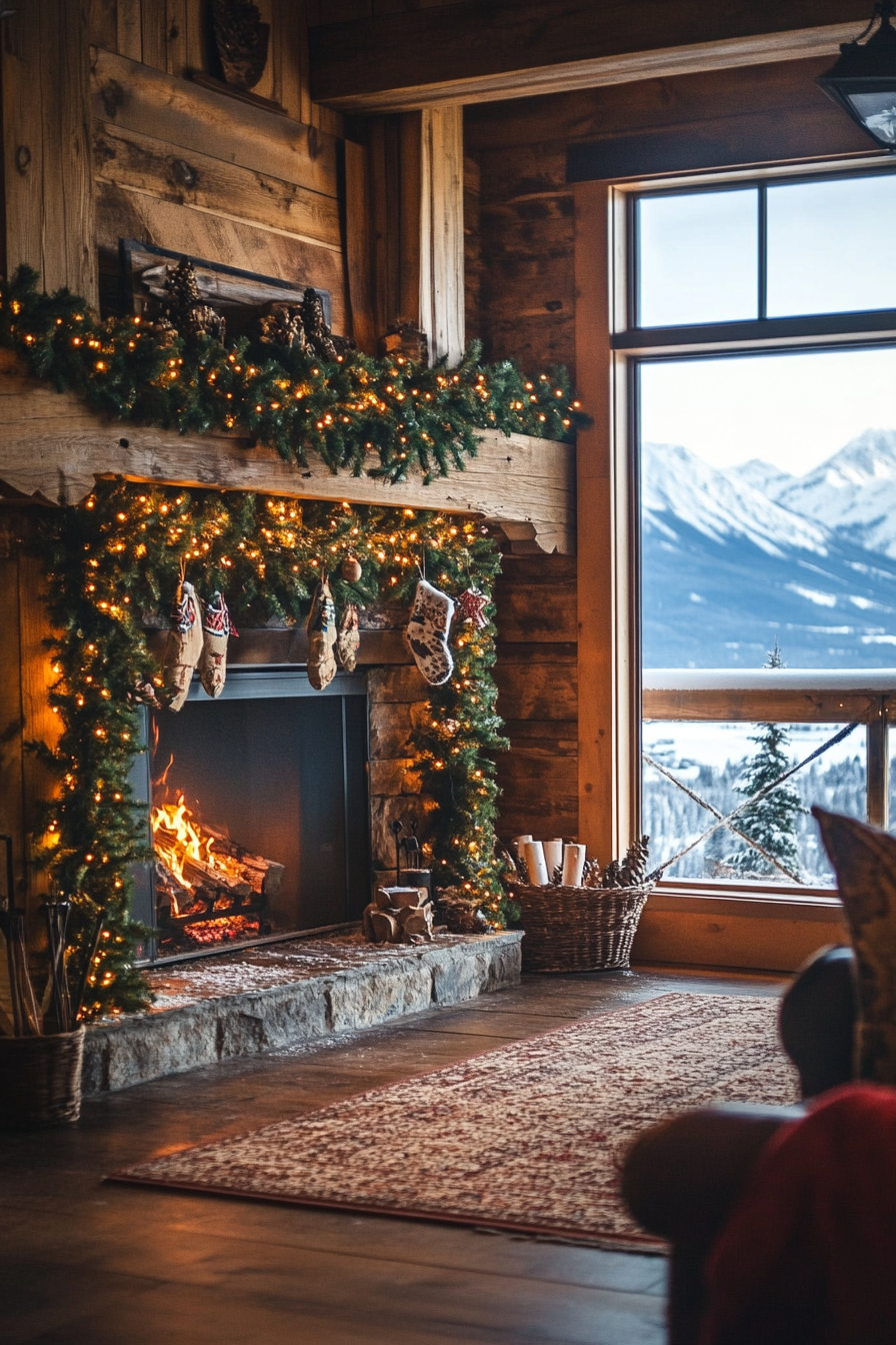 Farmhouse space. Pine garlands on rustic wooden fireplace, snowy mountain view from window.