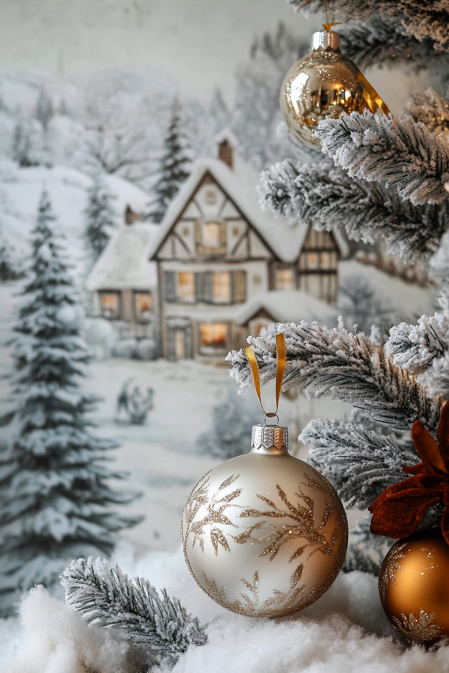 Elegant Christmas interior. Vintage ornaments, velvet ribbons, snow-coated village panorama.