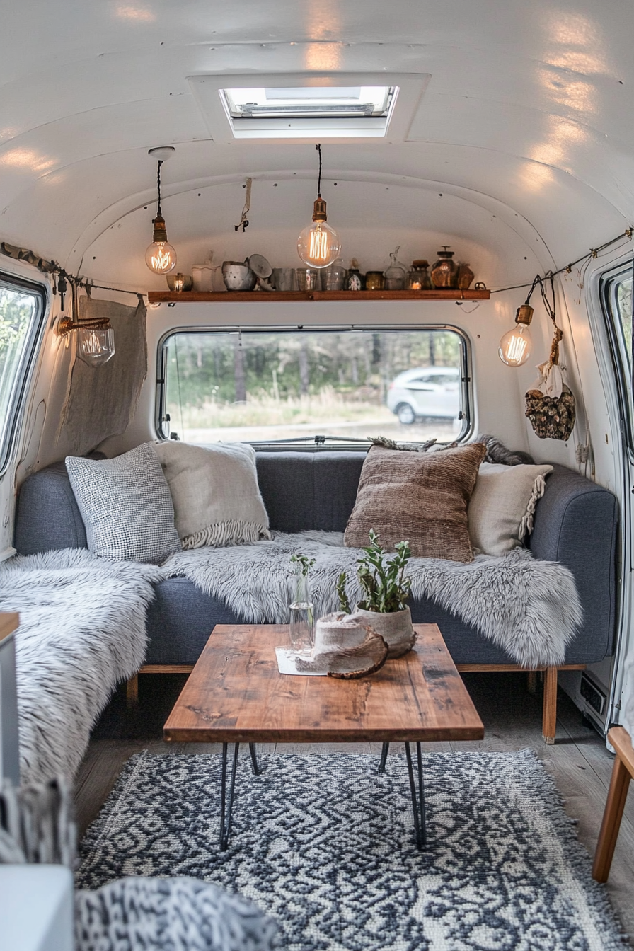 Scandinavian camper lounge. Hanging Edison bulbs, shaggy gray wool throws, and cherry wood coffee table.