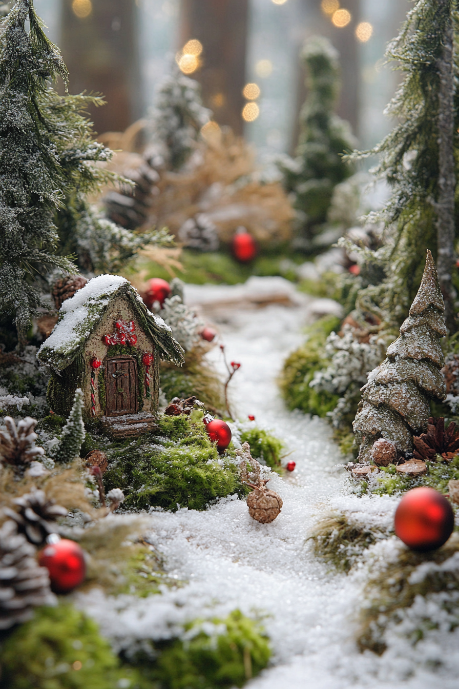 Wide angle view. Whimsical woodland decorations, moss details amid snowy pines.