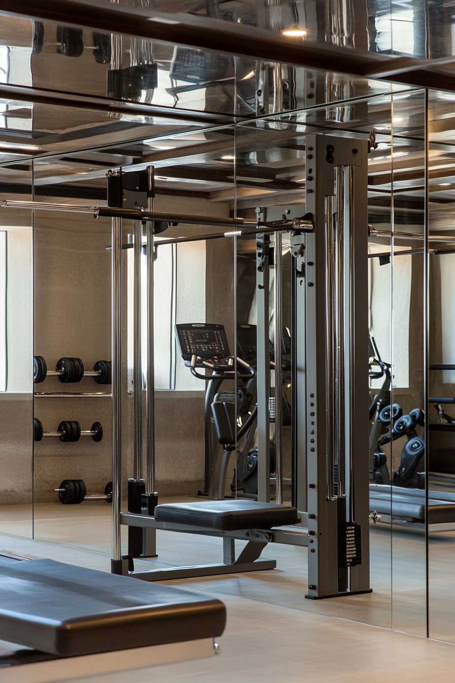 Contemporary tiny gym. Mirrored wall with mounted barre, metallic storage unit, open floor space.