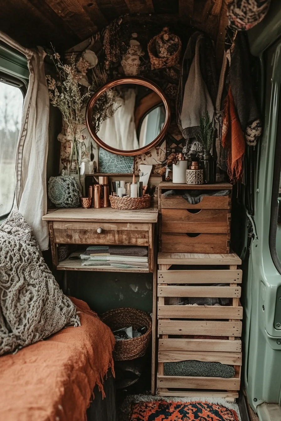 Bohemian van vanity area. Copper ring light with stacked wooden crate makeup storage, folding rustic mirror.