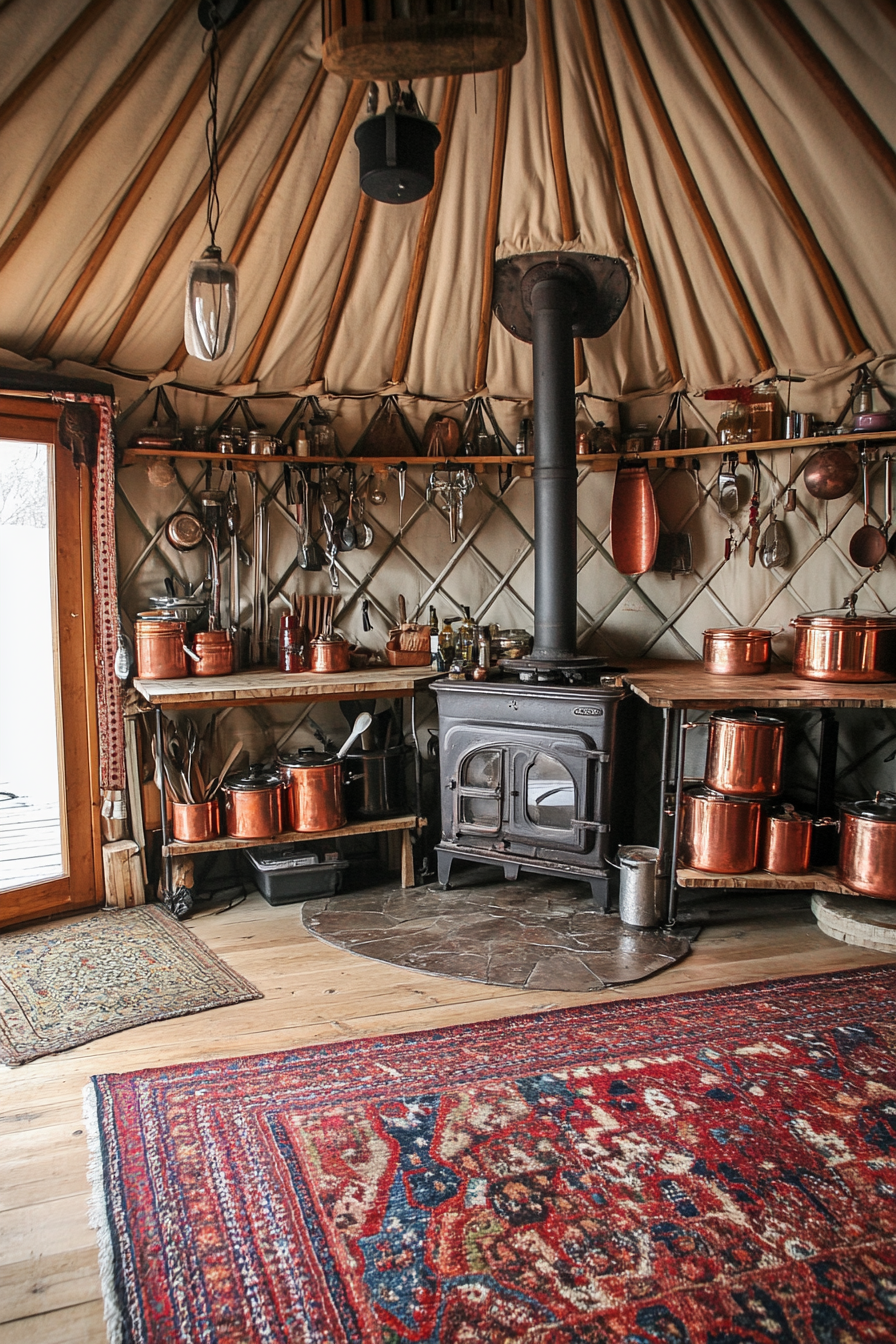 Alpine-style yurt kitchen. Wood stove with surrounding copper pots and a spice wall.