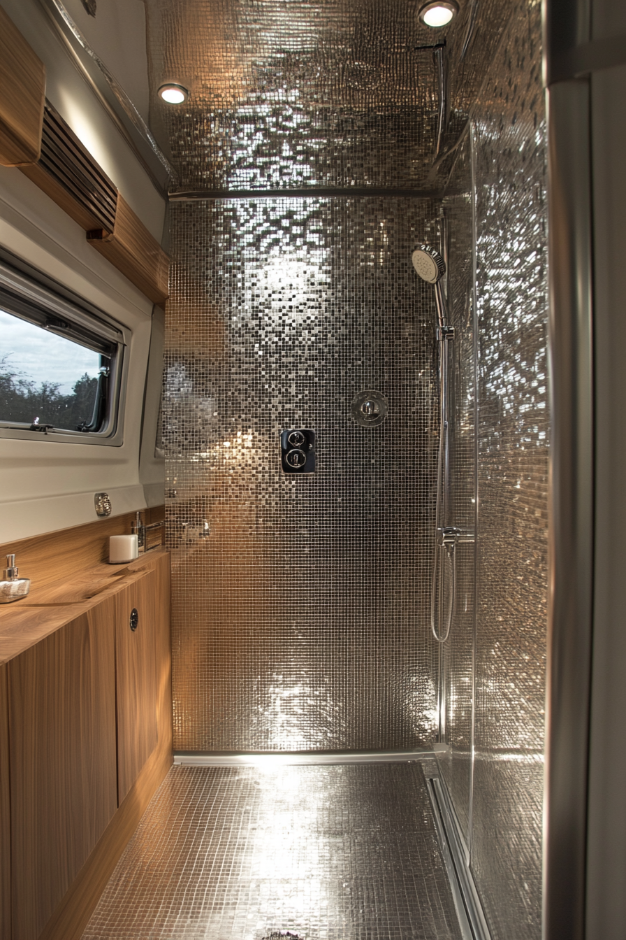 Contemporary camper bathroom. Rainfall shower with metallic mosaic tile wall.