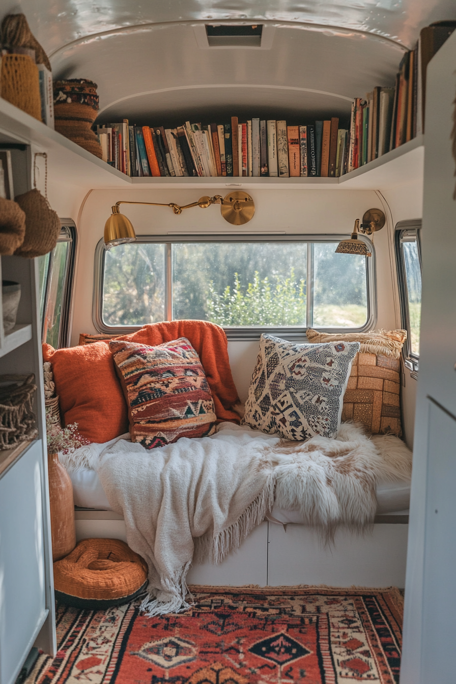 Reading corner setup. Southwestern rug, mounted book light, Bohemian cushions in a camper.