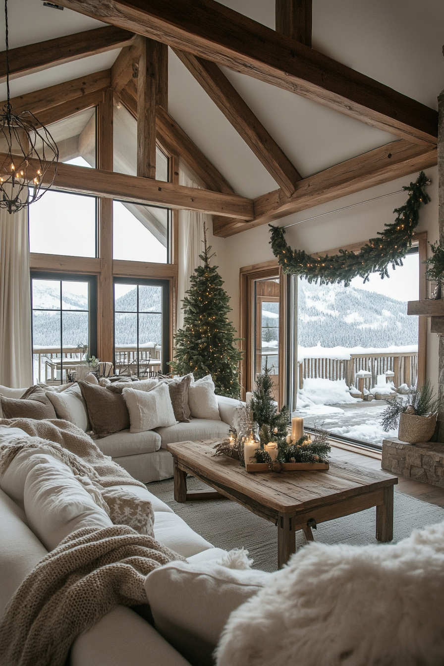 Wide angle farmhouse-style space. Pine garlands, wooden ornaments, snowy mountain view.