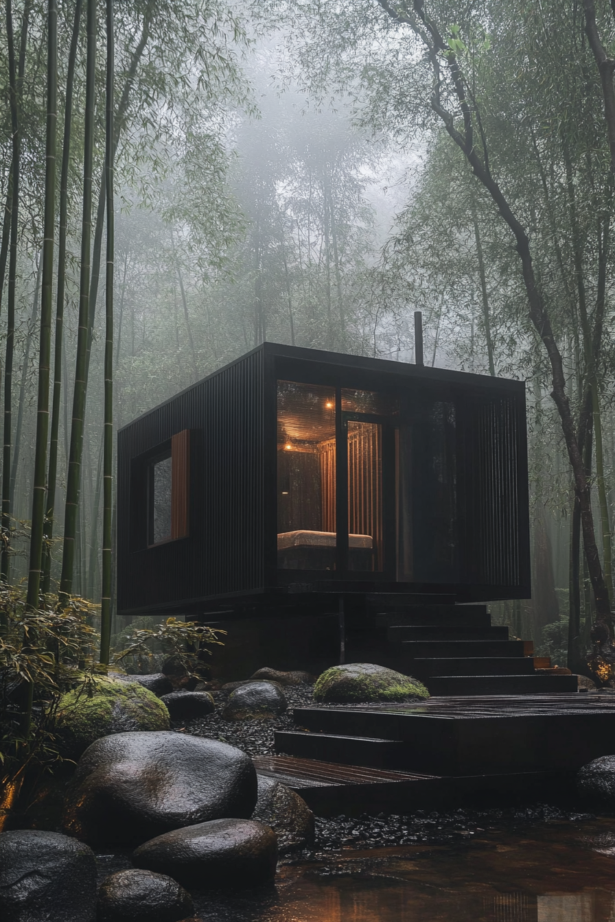 Wide angle view. Minimalist tiny house, bamboo screens, rock garden, in misty bamboo forest.