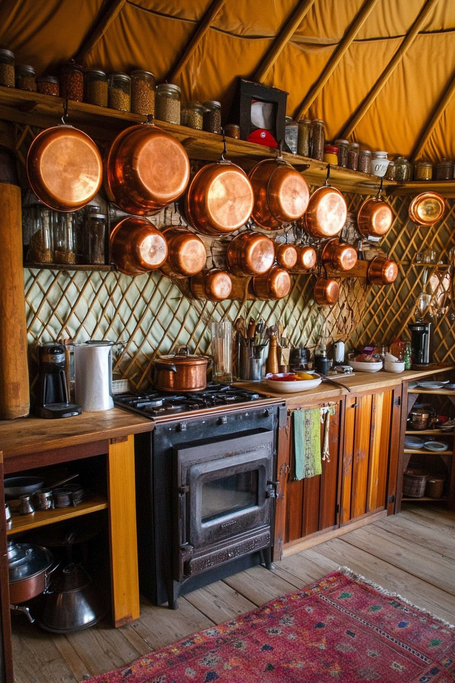 Alpine-style yurt kitchen. Resplendent copper pots hung above wood stove with spice wall backdrop.