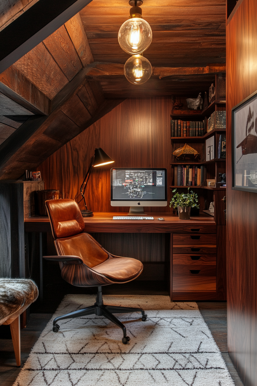 Wide-angle view. Mobile workspace with walnut paneling, vintage Eames chair, and dramatic lighting.