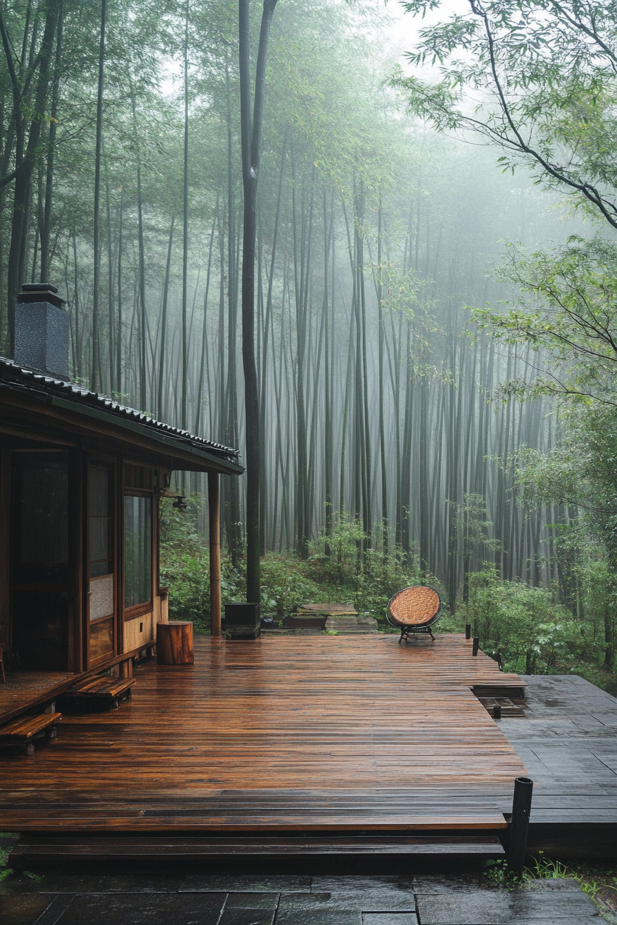 Wide angle view. Minimalist tiny house deck with bamboo screens in misty bamboo forest.