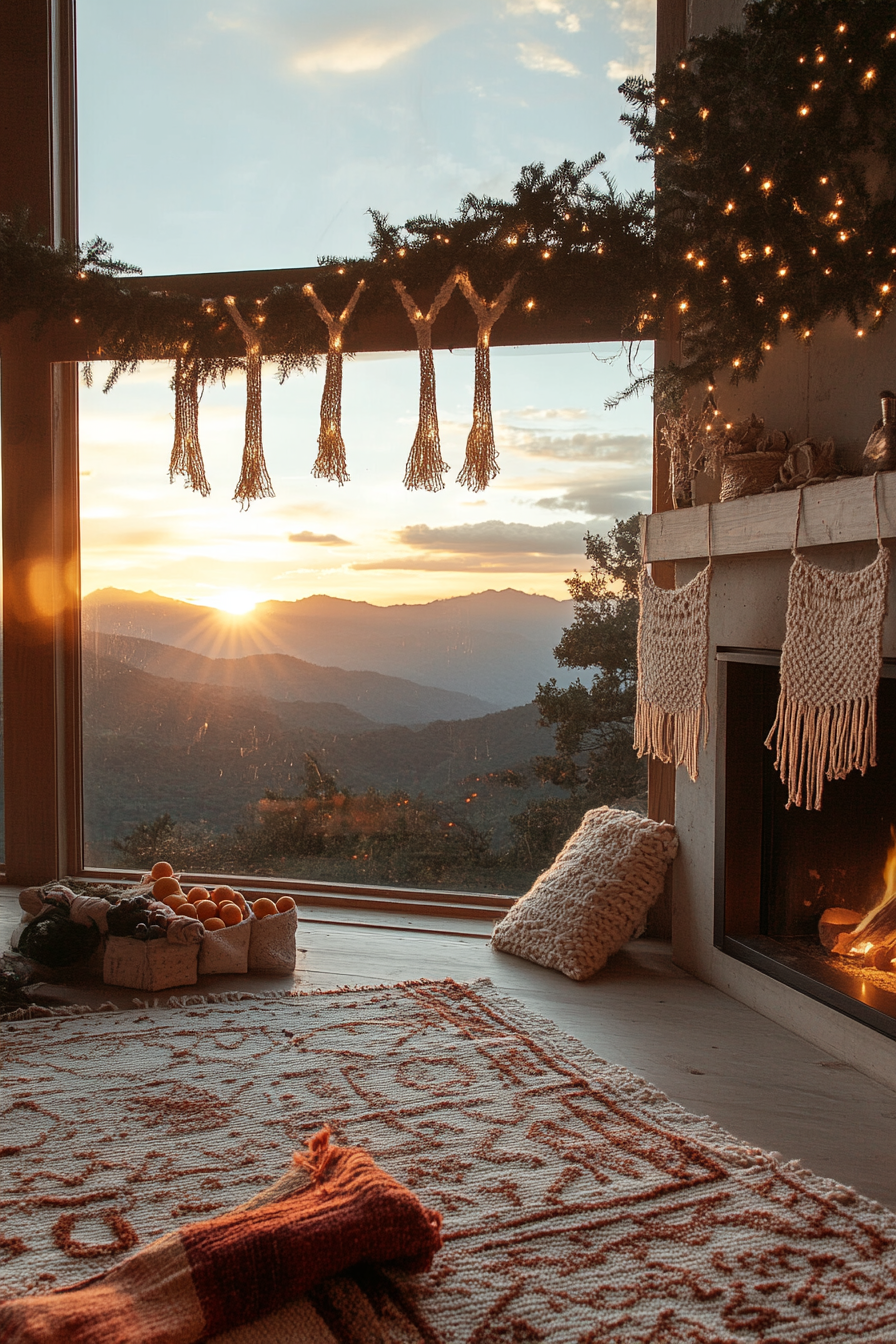 Holiday space. Macramé stockings, dried orange garlands, and panoramic mountain sunset.