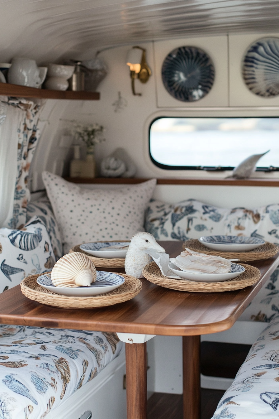 Coastal-Style Van Dining Area. Fold-out teak table, shell-shaped plates, whitewashed seats with seagull-patterned cushions.