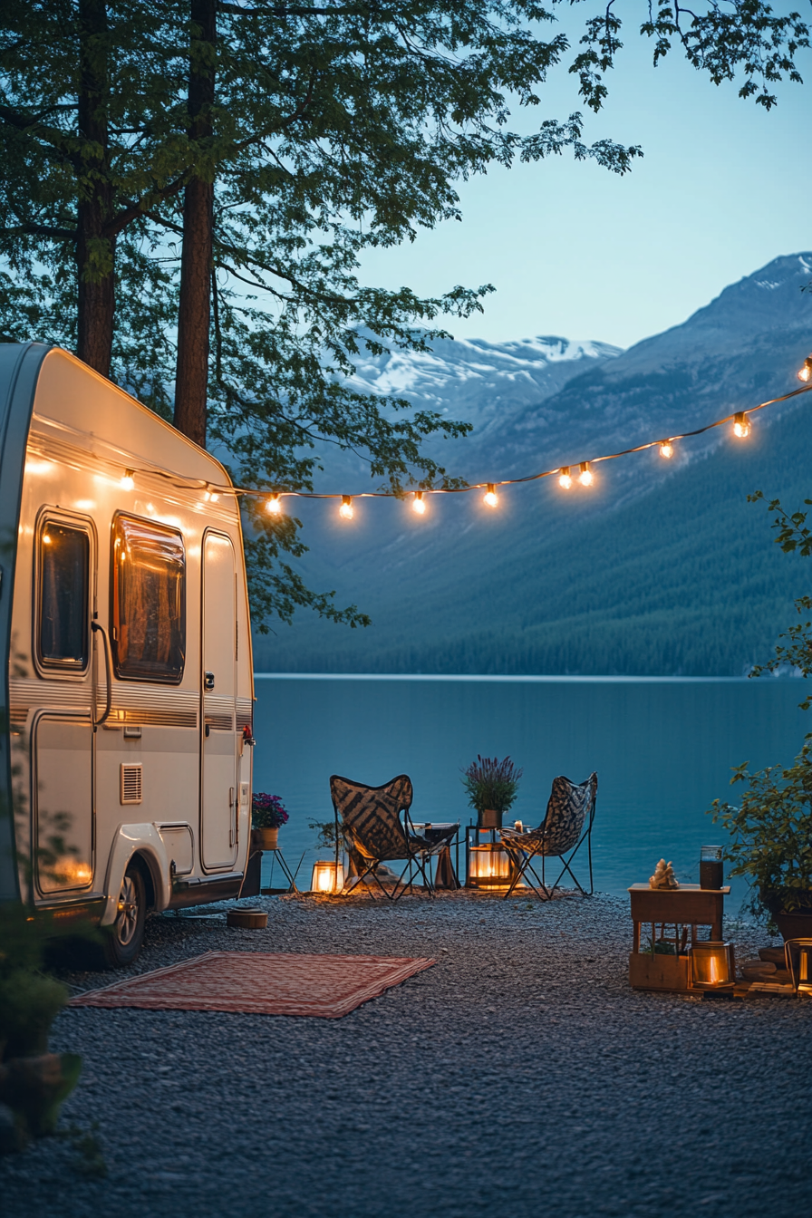 Wide angle view. Retro-styled RV entrance, metal gliders, string lights, beside crystal-clear mountain lake.