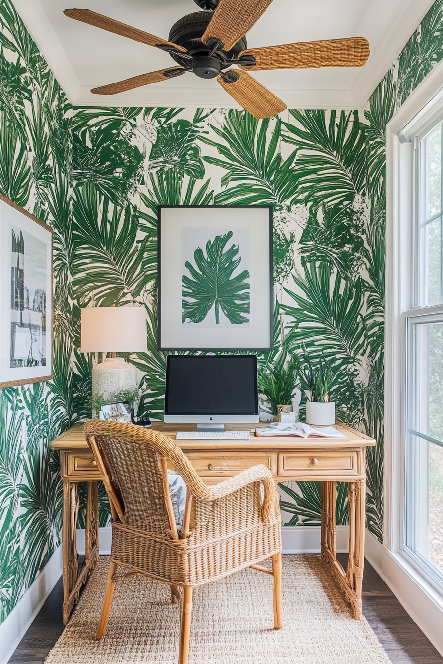 Tropical-modern tiny office. Rattan desk near palm leaf pattern wallpaper under wicker ceiling fan.