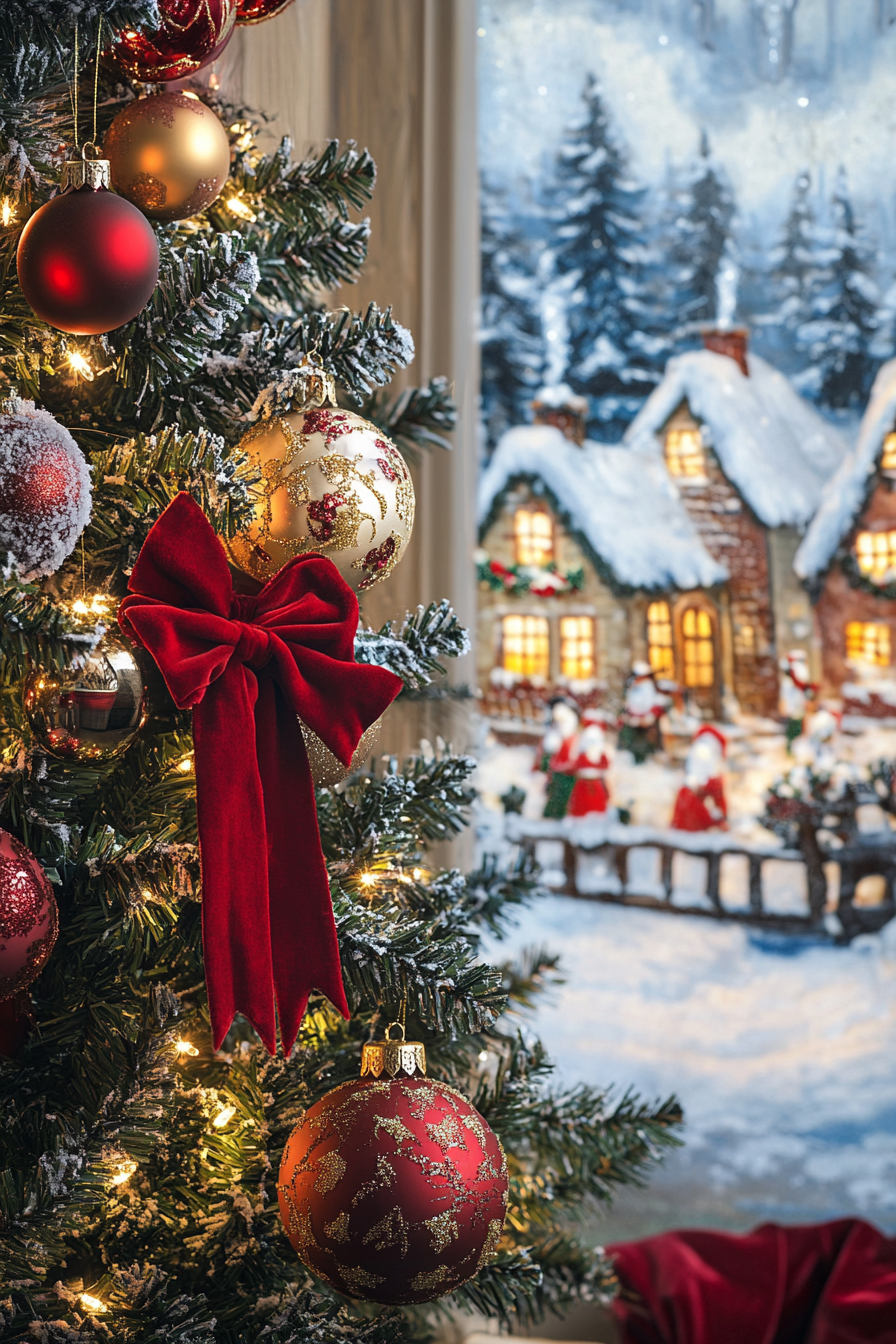 Wide angle Christmas interior. Vintage ornaments, velvet ribbons, over snow-covered village backdrop.