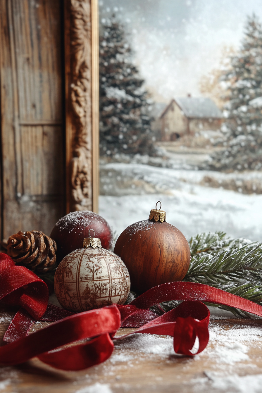 Wide angle Christmas interior. Vintage walnut ornaments, velvet crimson ribbons, snow-coated rural landscape.