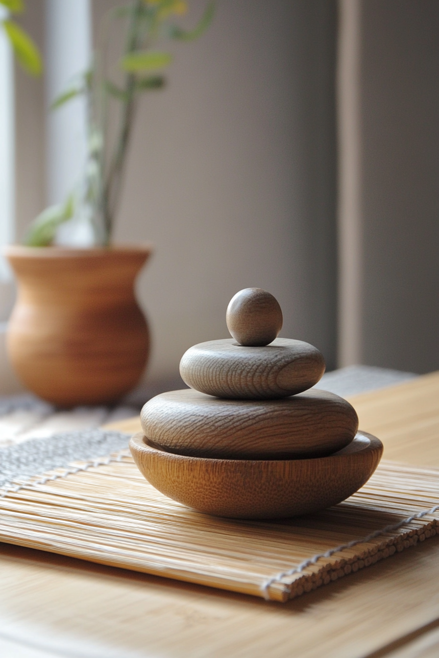 Zen-styled Van Meditation Room. Wooden mini-buydal for indoors, placed on bamboo mat.