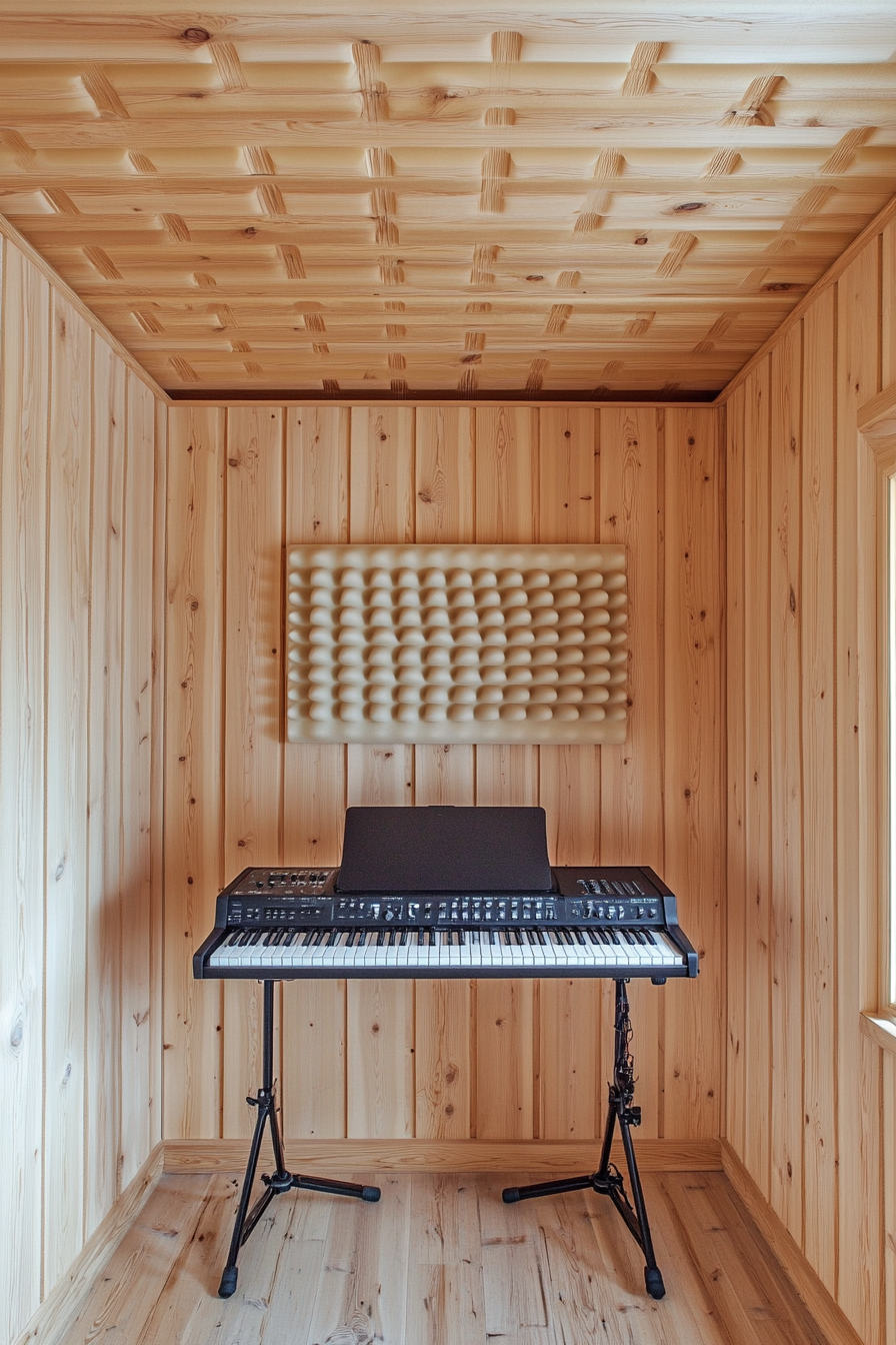 Tiny music room. Pine panel walls, ceiling-mounted soundproofing foam blocks, wall-mounted keyboard.