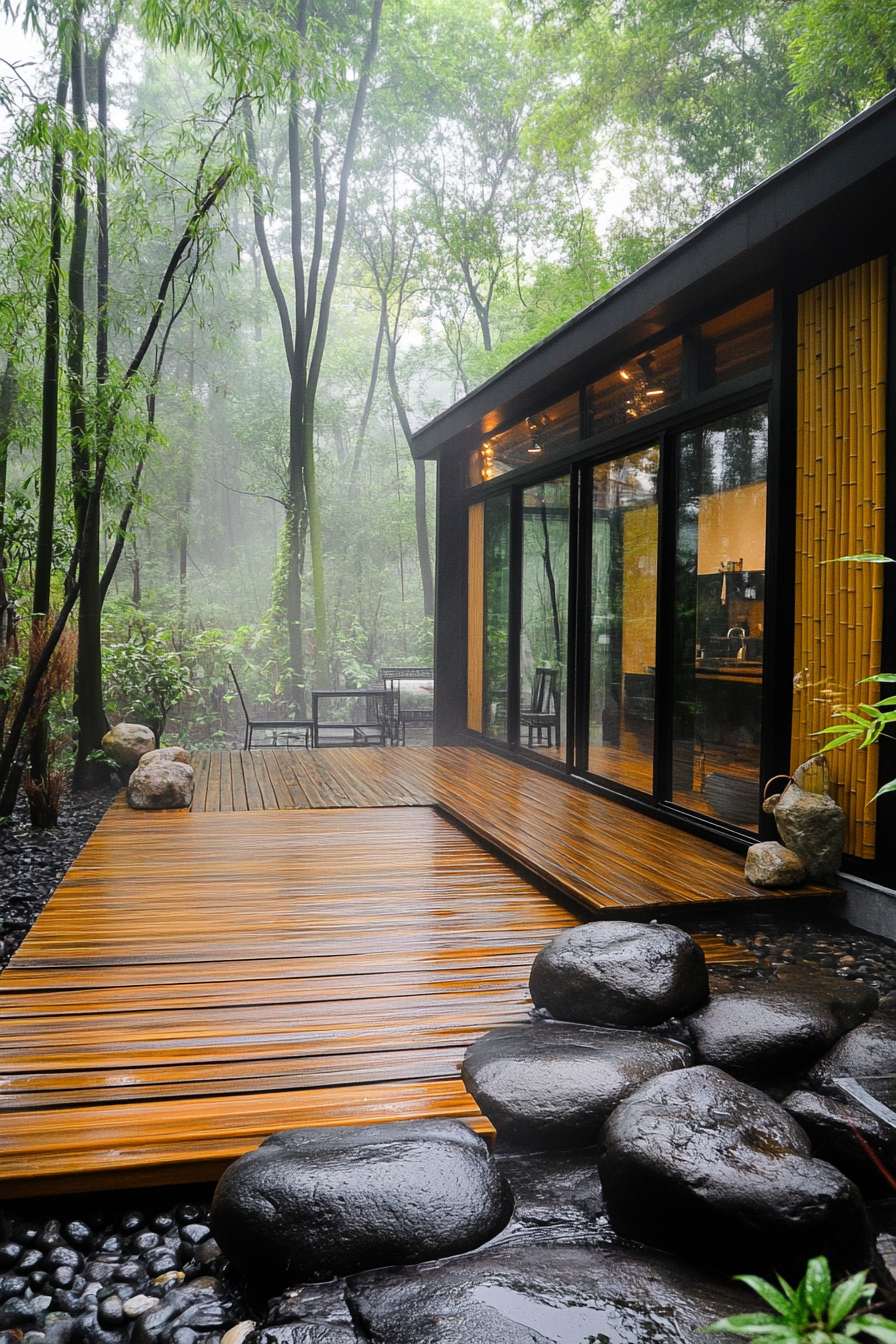 Wide angle view. Minimalist tiny house deck, bamboo screens, rock garden, misty bamboo forest.