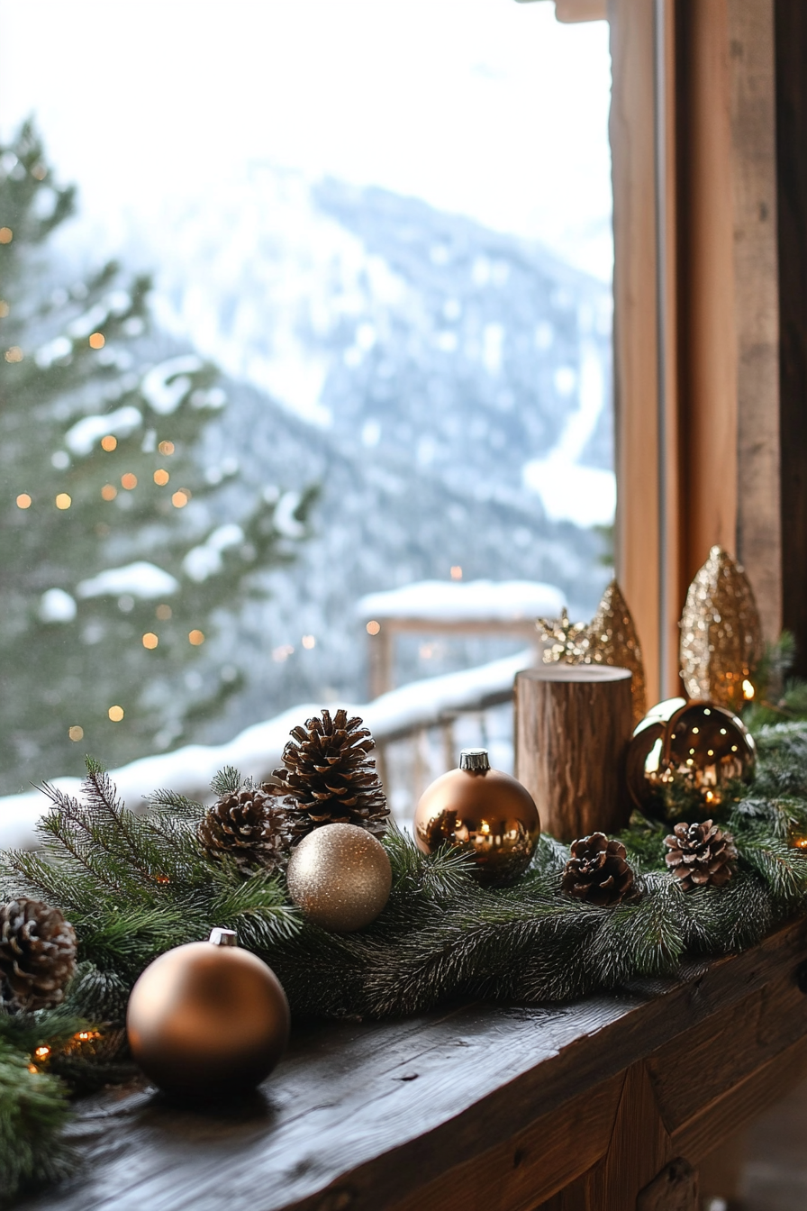 Farmhouse-style space. Pine garlands, wooden ornaments, snowy mountain view.