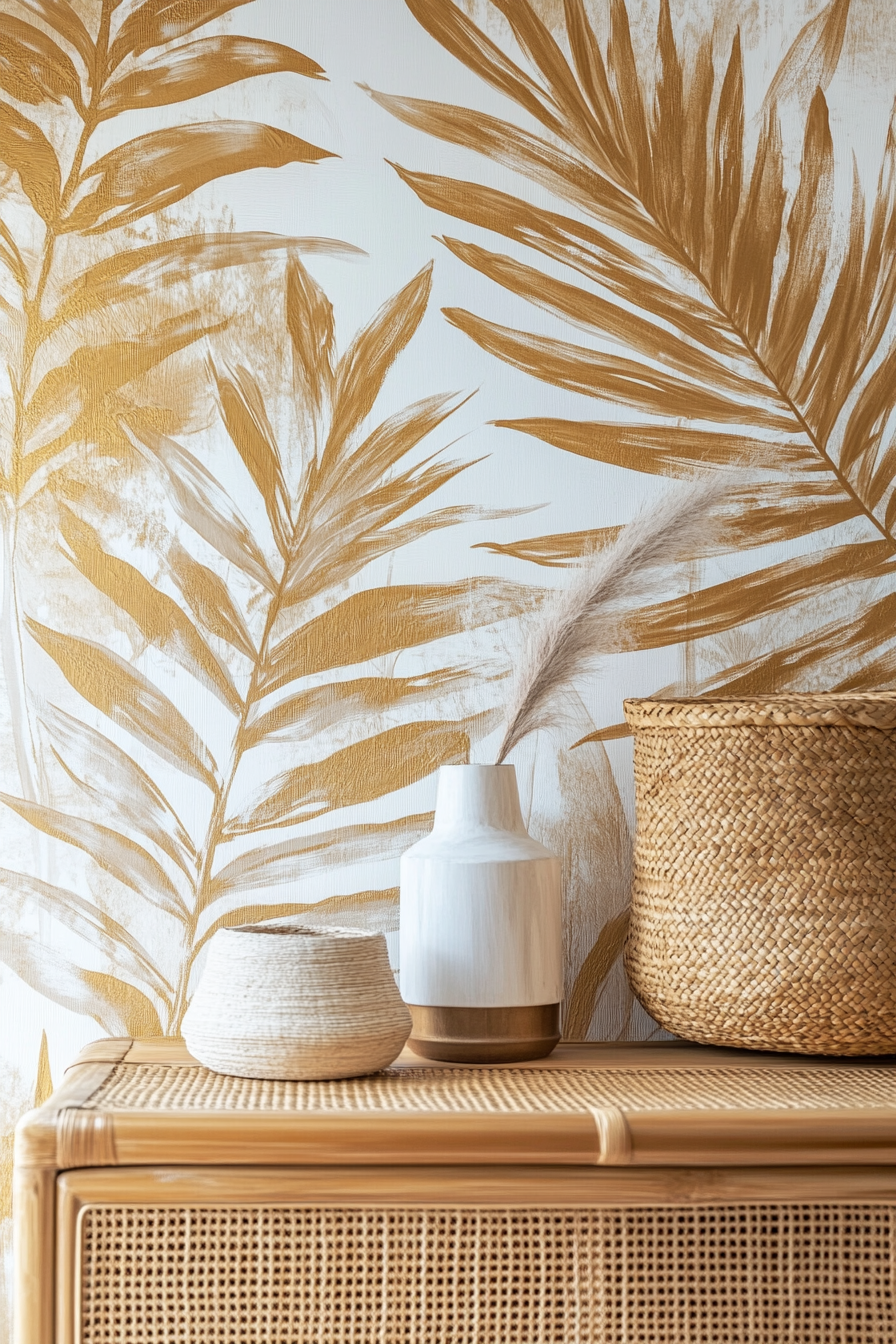 Tropical-modern tiny office detail. Gold and white leaf-print wallpaper behind a rattan desk.