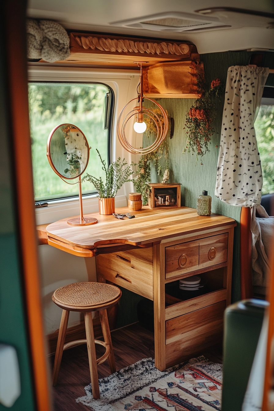 Bohemian van vanity area. Teakwood desk with drawers, standing ring light, copper folding mirror.