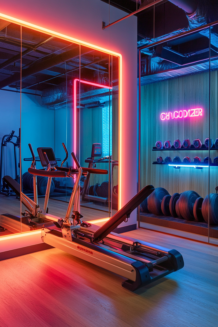 Contemporary tiny gym. Docked rowing machine by the mirrored wall under neon signs.