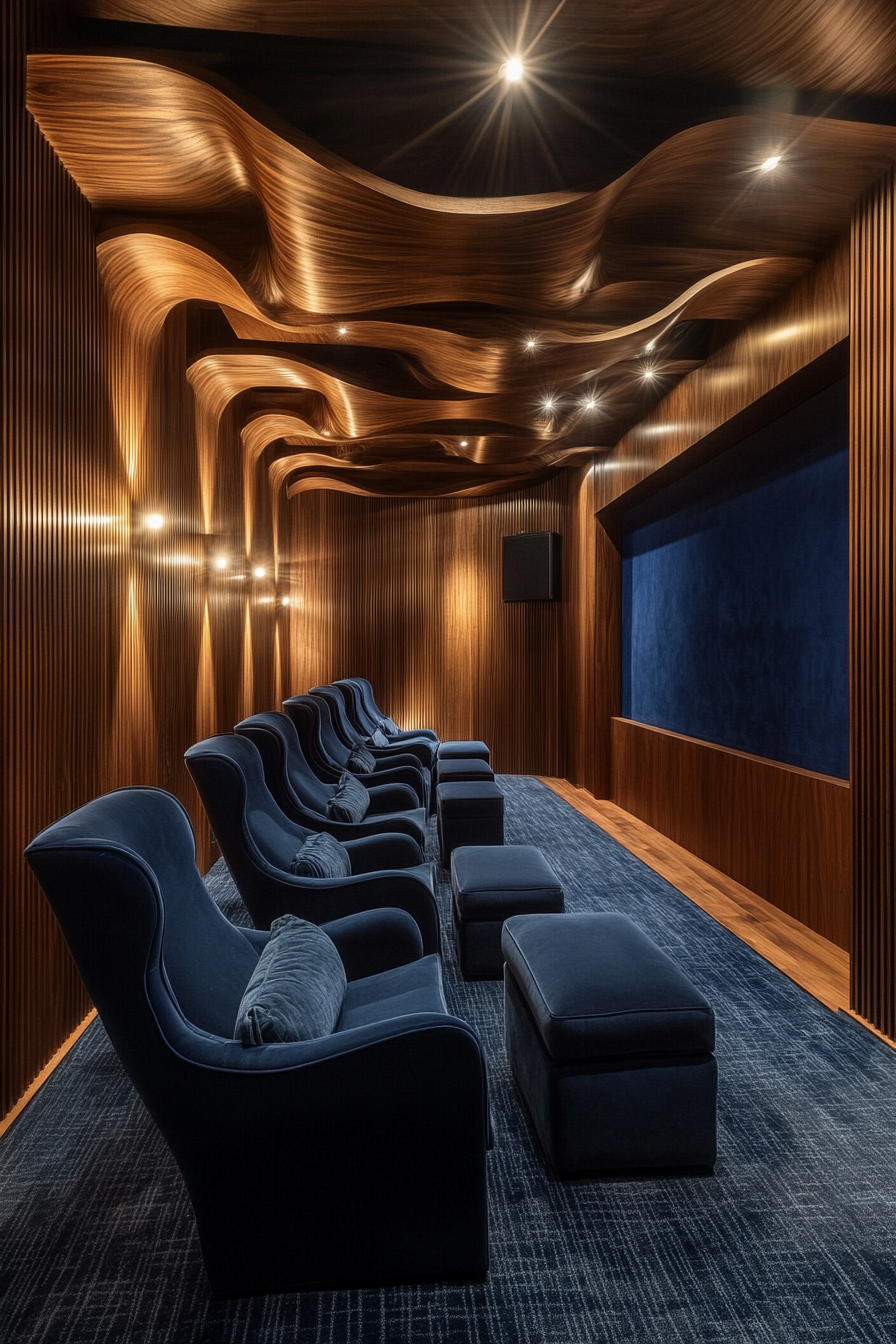 Contemporary tiny theater. Walnut panel walls, navy seating, ceiling-mounted projector, surround sound.