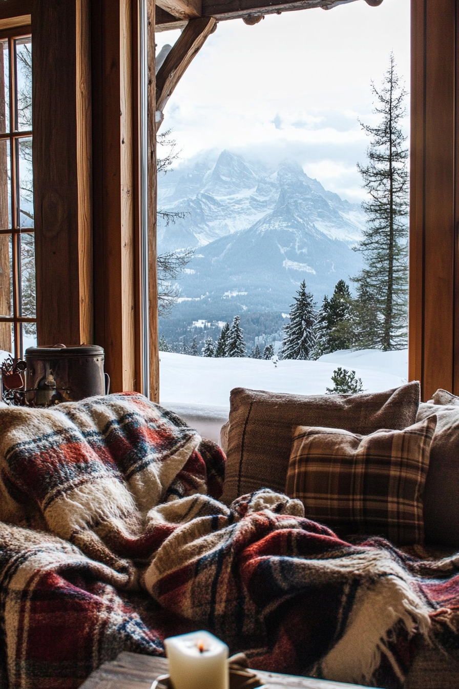 Ski lodge inspired interior. Plaid wool blankets on rustic wooden furniture with snow peak view.