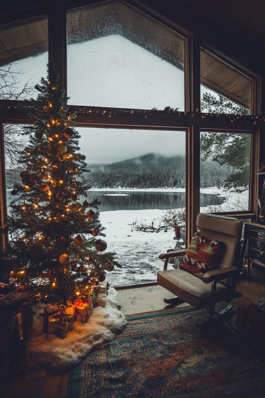 Wide angle retro holiday interior. Aluminium tree beside frozen lake.