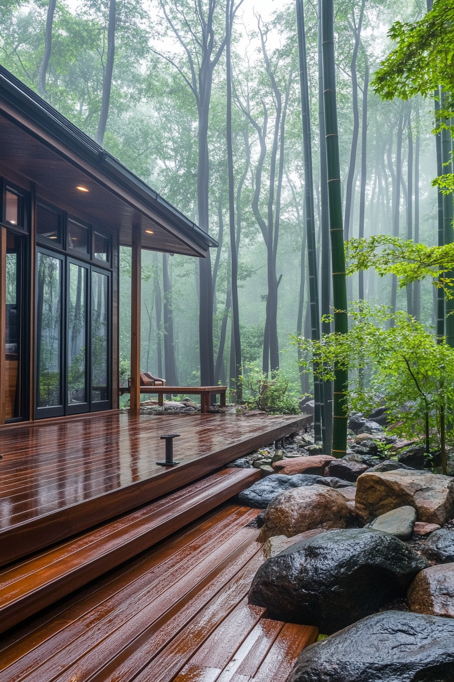 Wide angle view. Tiny house deck, bamboo screens, rock garden, misty bamboo forest.