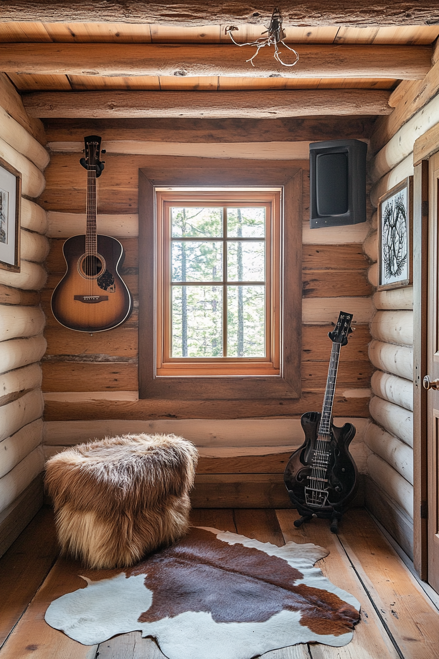 Tiny music room. Log walls, deer hide foot stool, wall-mounted guitar, and soundproof ceiling.