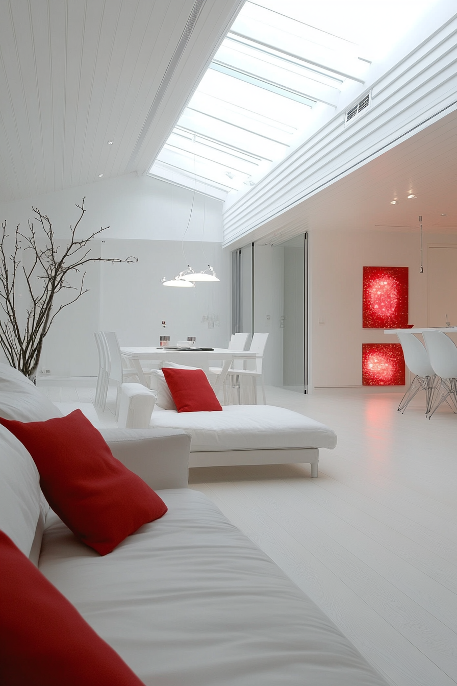 Scandinavian-inspired space. White furnishings, red design details, northern lights through skylight.